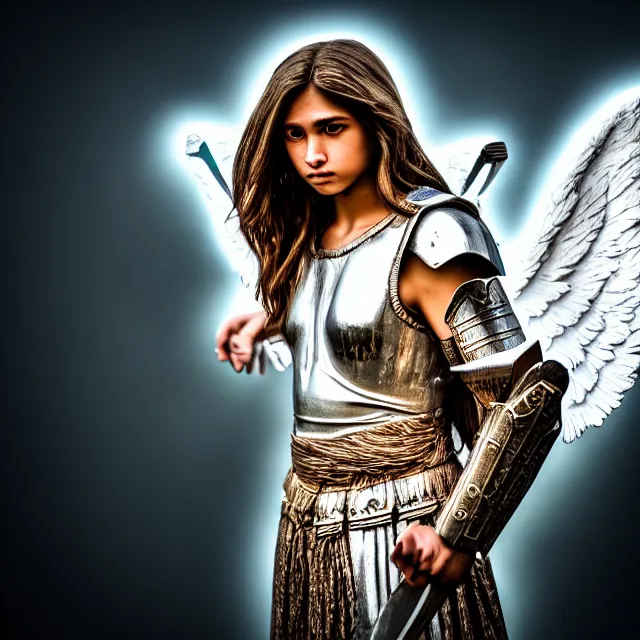 Prompt: photo of a beautiful angelic warrior with light powers, highly detailed, 4 k, hdr, smooth, sharp focus, high resolution, award - winning photo