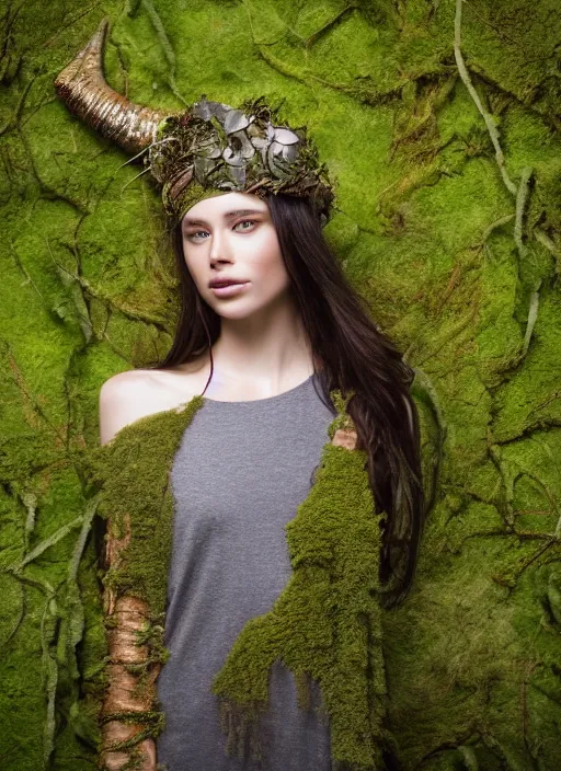 Image similar to a photo of a female model, organic headpiece, fern, vines, horn, moss, fashion photography, realistic, hyperdetails, dark grey backdrop studio, body covered in moss and tree bark texture