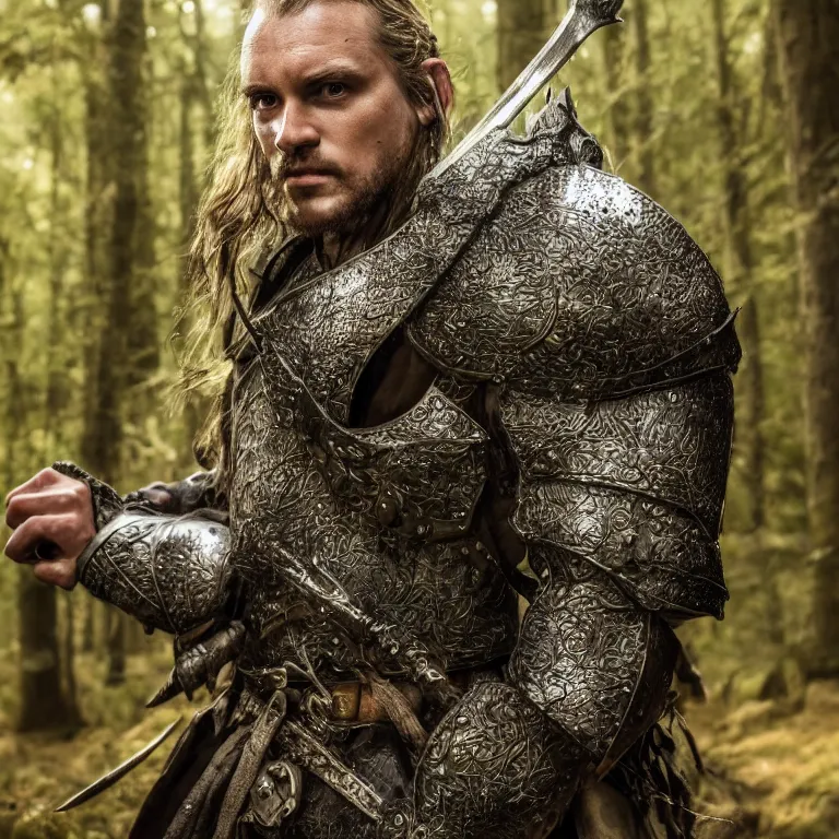 Image similar to 5 5 mm portrait photo of an armored handsome well - built male warrior, in a magical forest in the style of lord of the rings, highly detailed 8 k. intricate. lifelike. soft light. nikon d 8 5 0. cinematic post - processing