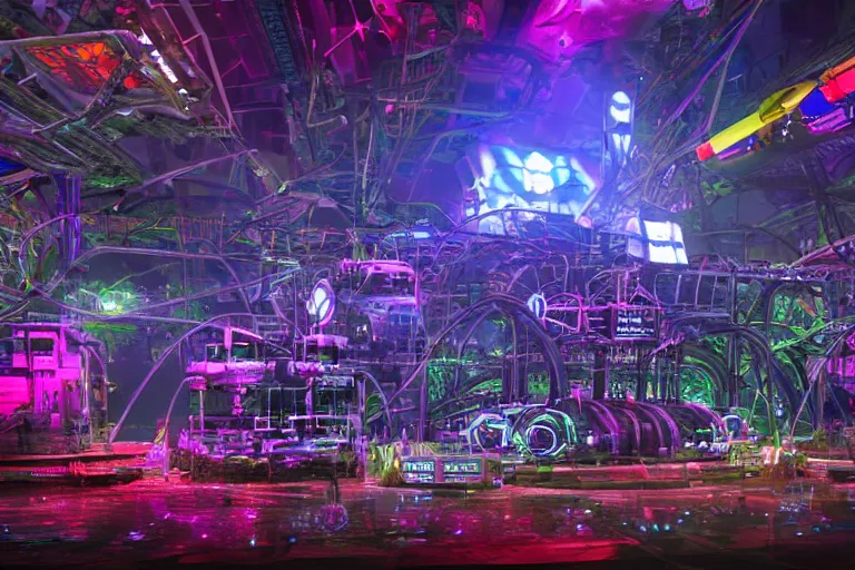 Image similar to an outdoor festival stage, text tripmachine, center of the stage is a big futuristic steampunk generator with gears and belts and tubes, surrounded by big cyberpunk speaker towers, rock musicians on the stage, laser show, 8 k, fluorescent colors, halluzinogenic, multicolored, exaggerated detailed, unreal engine