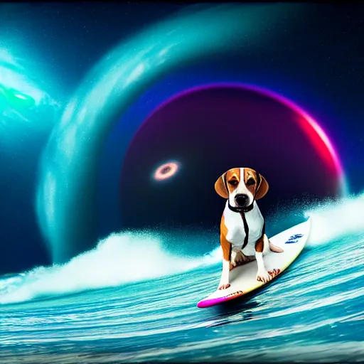 Image similar to photo of a beagle surfing a surfboard on a crashing l wave of alien ocean in space, background is an alien galaxy, aliens in the background, alien colors, octane render, unreal engine, wide view, 8 k, high detaild