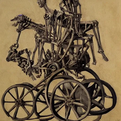 Prompt: the collage features a human figure driving a chariot. the figure is skeletal and frail, with a large head and eyes. the chariot is pulled by two animals, which are also skeletal and frail. pastel violet by antoni gaudi daring