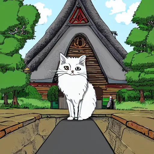 Prompt: illustration of a fluffy grey cat pointing it's paw at a priest in front of a white stave church by studio ghibli fantastic realism ultra - wide angle lens, early morning