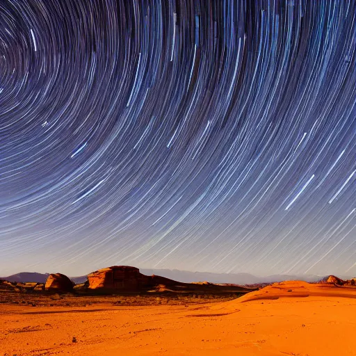 Image similar to wide angle landscape photograph long exposure of star trails in the desert in utah, 4 k photo