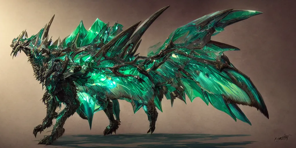 Image similar to Emerald four legged crystal bat, character design sheet, Monster Hunter Illustrations art book, big claws, sharp fangs, huge wings, long tail, iridescent scale patterns, cluster of crystals as spikes on its back, Moebius, Greg Rutkowski, Zabrocki, Karlkka, Jayison Devadas, Phuoc Quan, trending on Artstation, 8K, ultra wide angle, zenith view, pincushion lens effect.