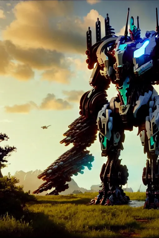 Prompt: a cinematic still from horizon zero dawn and pacific rim and transformers, full body mech, armored core, intact humanoid servo, octane render, nvidia raytracing demo, masterpiece, aged armor plating, decipticon armor plating, aggressive head, endoekeleton exposure