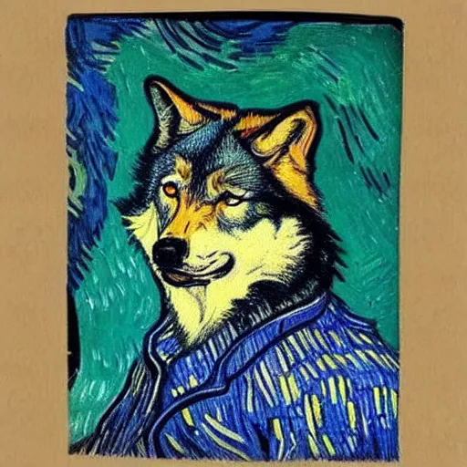 Image similar to retard wolf, van gogh, vivid colors, portrait paintin,
