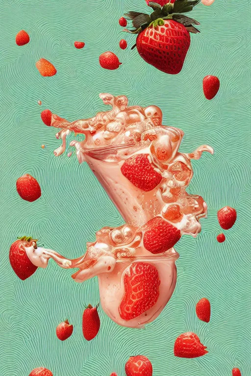 Prompt: a hyperdetailed exquisite delicate strawberries fight with floating milk fluid scene, plane illustration, poster, victo ngai, top milk brands, 4 k hd wallpaper illustration, package cover, golden curve composition