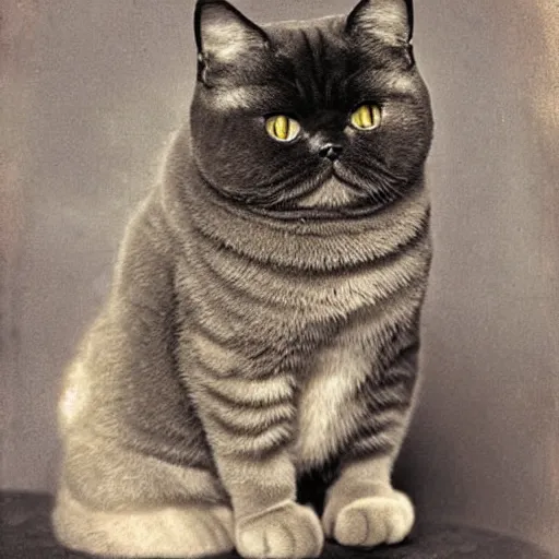 Prompt: exotic shorthair cat, solid grey, photograph by beautiful potter and alphonse mucha