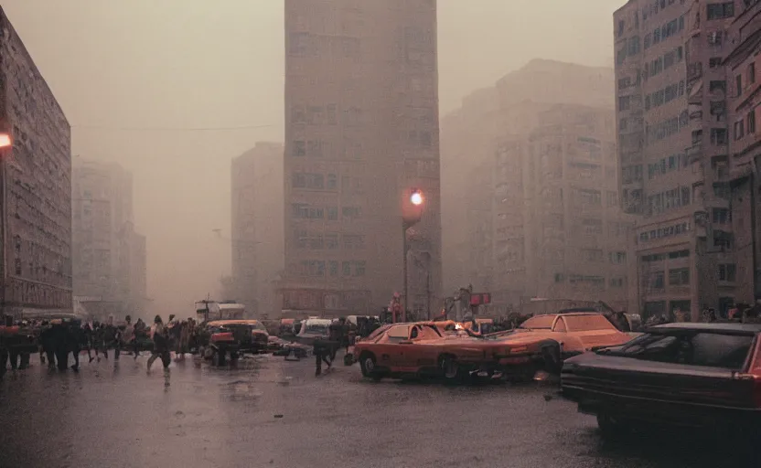 Image similar to 1990s movie still of a yougoslavian street with a giant riot with stalinist style highrise, Cinestill 800t 18mm, heavy grainy picture, very detailed, high quality, 4k panoramic, HD criterion, dramatic lightning, streetlight at night, rain, fog