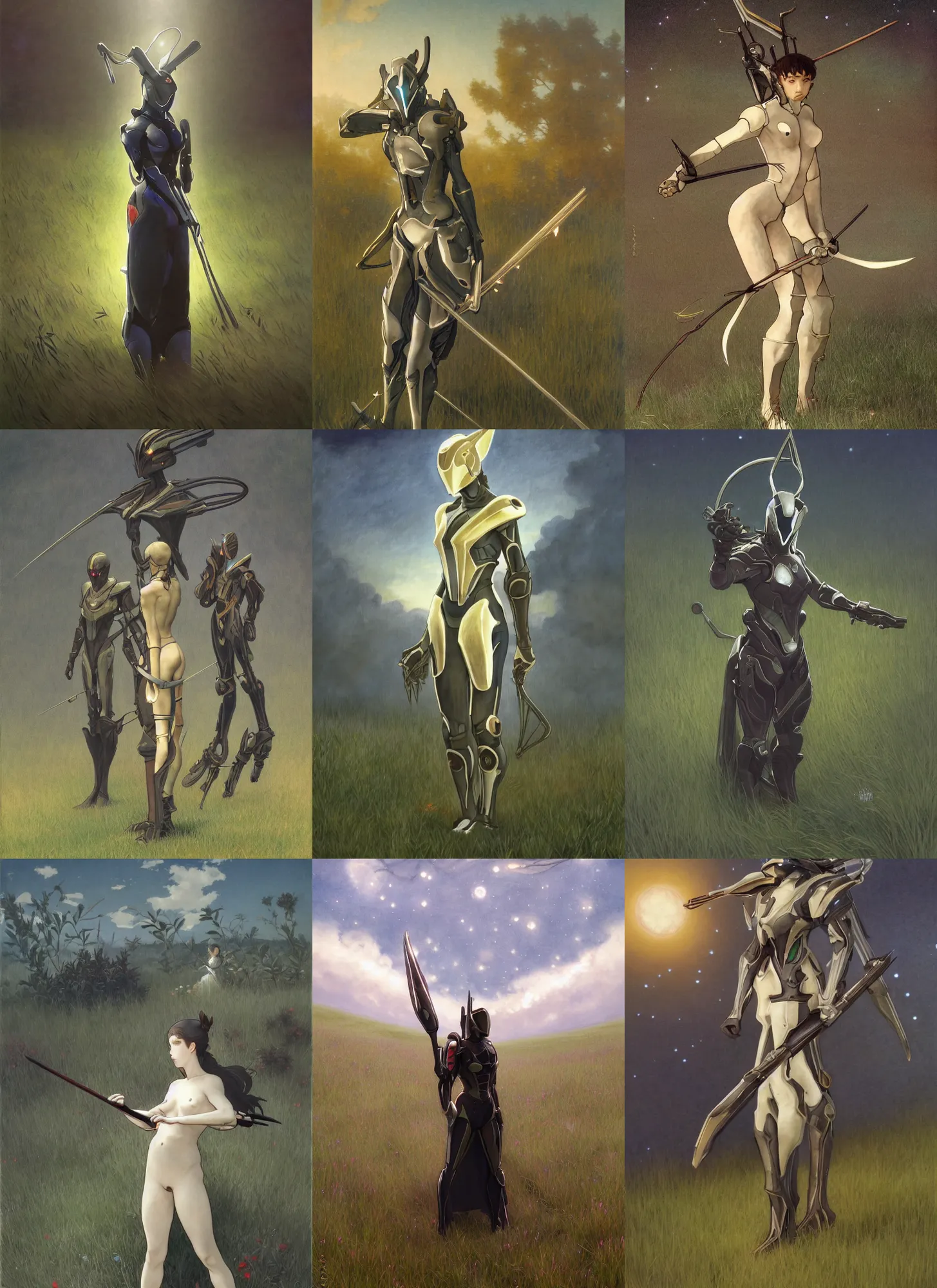 Prompt: warframe standing in a dark field of grass at night, finely illustrated, highly detailed, colored pencil, studio ghibli, watercolor, anime, animation, in the style of william - adolphe bouguereau and john singer sargent, 8 k, segmented armor, organic armor