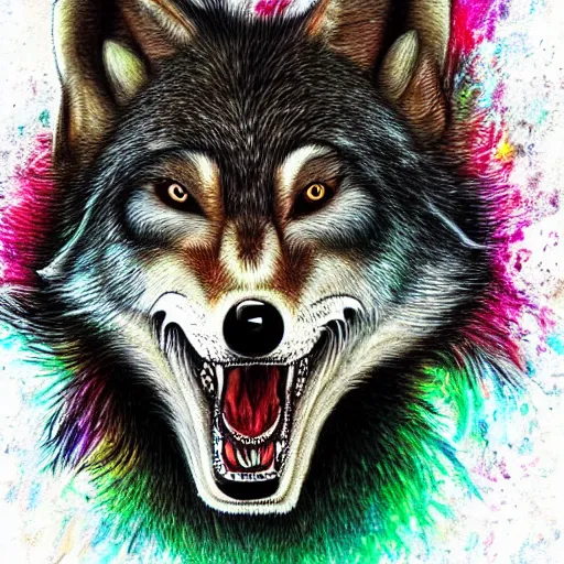 Image similar to realistic portrait of retarded wolf, eyes in different directions, vivid colors, propaganda style, it looks sick, very ugly face, missing teeth