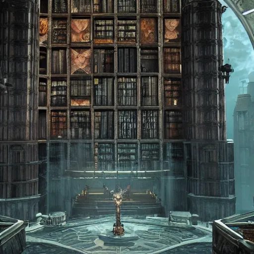 Prompt: gothic epic library concept, octane render, many floors, tower, warhammer 40k style, bioshock infinite