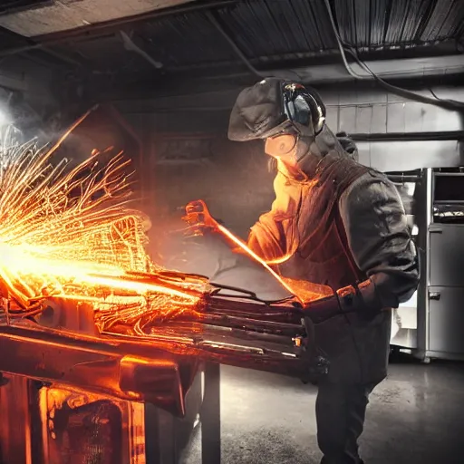 Image similar to cyborg toaster oven repairman, dark messy smoke - filled cluttered workshop, dark, dramatic lighting, orange tint, sparks, plasma rays, cinematic, highly detailed, sci - fi, futuristic, movie still