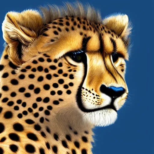 Prompt: profile view of cute fluffy cheetah cub with long colorful flowing lion mane blowing in the wind with mohawk top hairstyle hybrid animal detailed painting 4 k