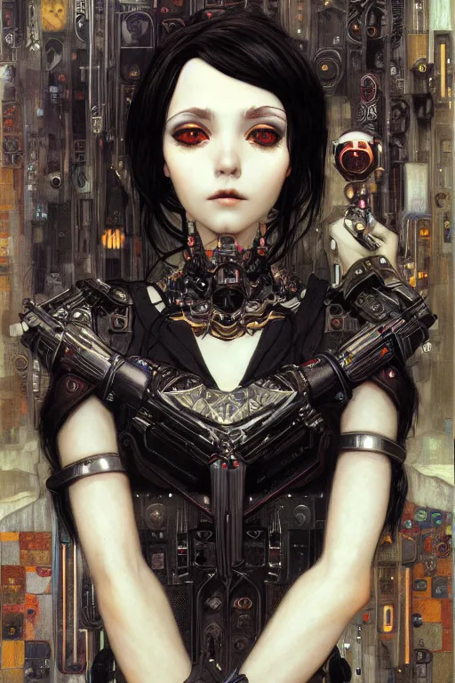 Prompt: portrait of beautiful young gothic maiden, cyberpunk, Warhammer, highly detailed, artstation, illustration, art by Gustav Klimt and Range Murata and Ilya Kuvshinov