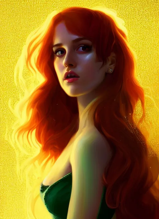 Image similar to full body portrait of teenage cheryl blossom, bangs, green eyes, mischievous expression, red hair, sultry smirk, bangs and wavy hair, intricate, elegant, glowing lights, highly detailed, digital painting, artstation, concept art, smooth, sharp focus, illustration, art by wlop, mars ravelo and greg rutkowski