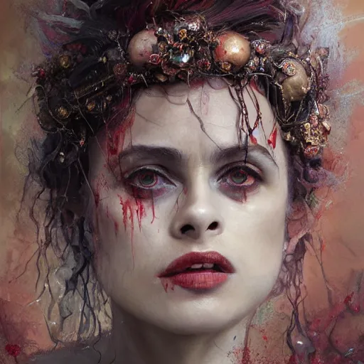 Prompt: expressive oil painting, of helena bonham carter mixed with sophia lauren, bumpy mottled skin full of blood and scars, ornate headpiece made from crystals, cables and wires, body horror, by yoshitaka amano, by greg rutkowski, by jeremyg lipkinng, by artgerm, digital art, octane render