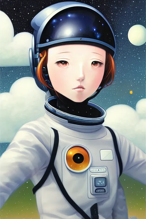 Prompt: portrait of a girl with astronaut helmets by range murata, cloudy sky the milky way background lush landscape, trending range murata