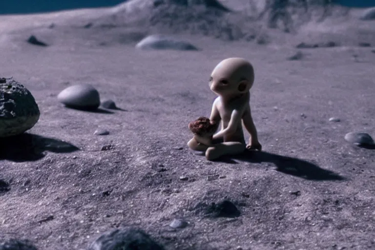 Prompt: vfx movie scene closeup adorable curios tiny little baby alien creature in moon desert eating a rock. by emmanuel lubezki