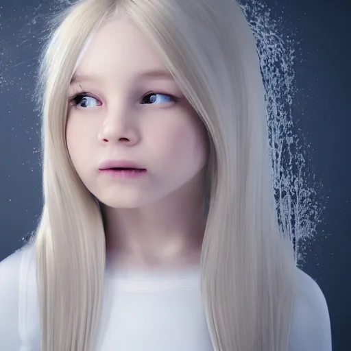 Image similar to young girl with long blonde hair jumped up and froze in the white room, photorealistic