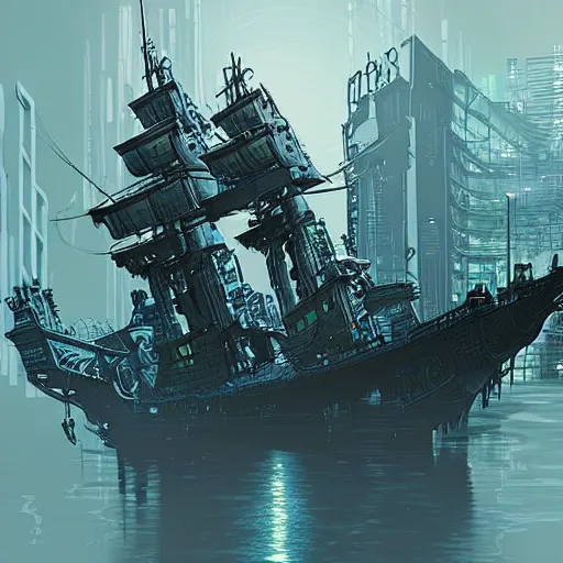 Prompt: an epic looking cyberpunk pirate ship, highly detailed digital art