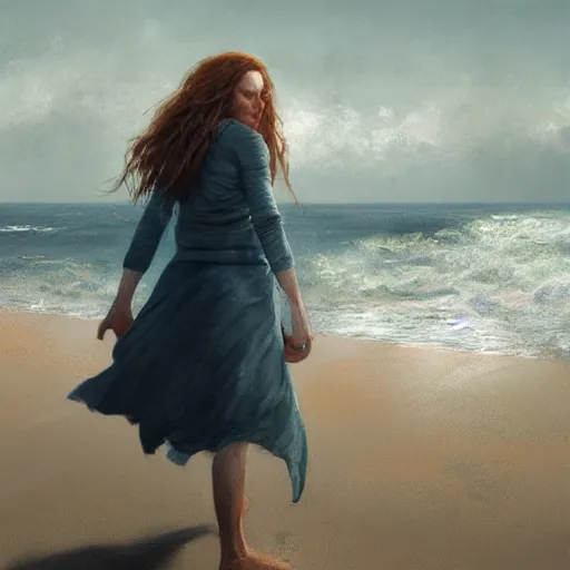 Image similar to A beautiful woman walking on the beach towards the viewer, high detail, 8K illustration, dynamic lighting, concept art, beautiful facial features, long hair, blue eyes sunny, art by Leesha Hannigan and Greg Rutkowski,