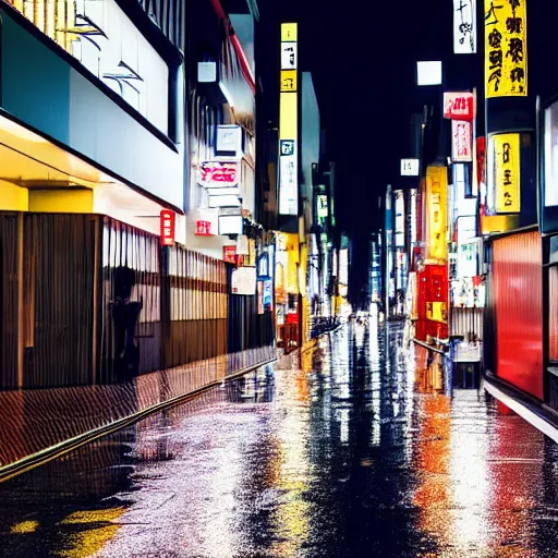 Prompt: photo, night, rain, modern city street, japan
