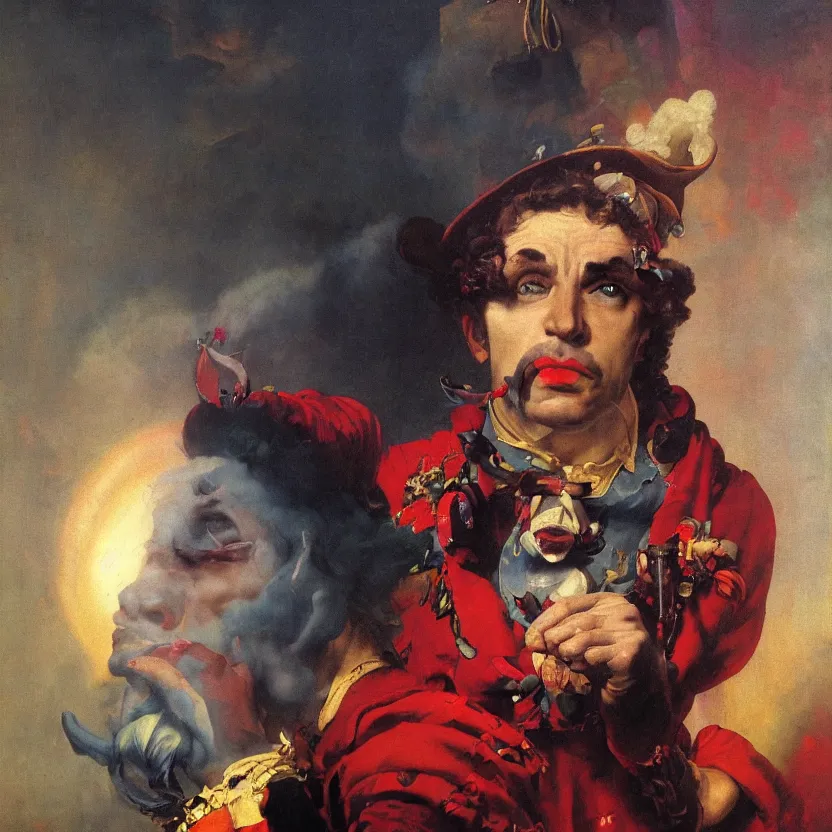 Prompt: a baroque neoclassicist close - up portrait of a colorful jester, glowing circus tent and fog in the background. renaissance portrait painting. highly detailed science fiction painting by norman rockwell, frank frazetta, and syd mead. rich colors, high contrast, gloomy atmosphere, dark background. trending on artstation