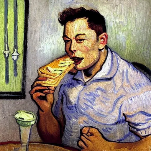 Image similar to a beautiful oil painting of elon musk eating a panini, 8k , award winning , made in 1800's , old , painted by vincent van gogh