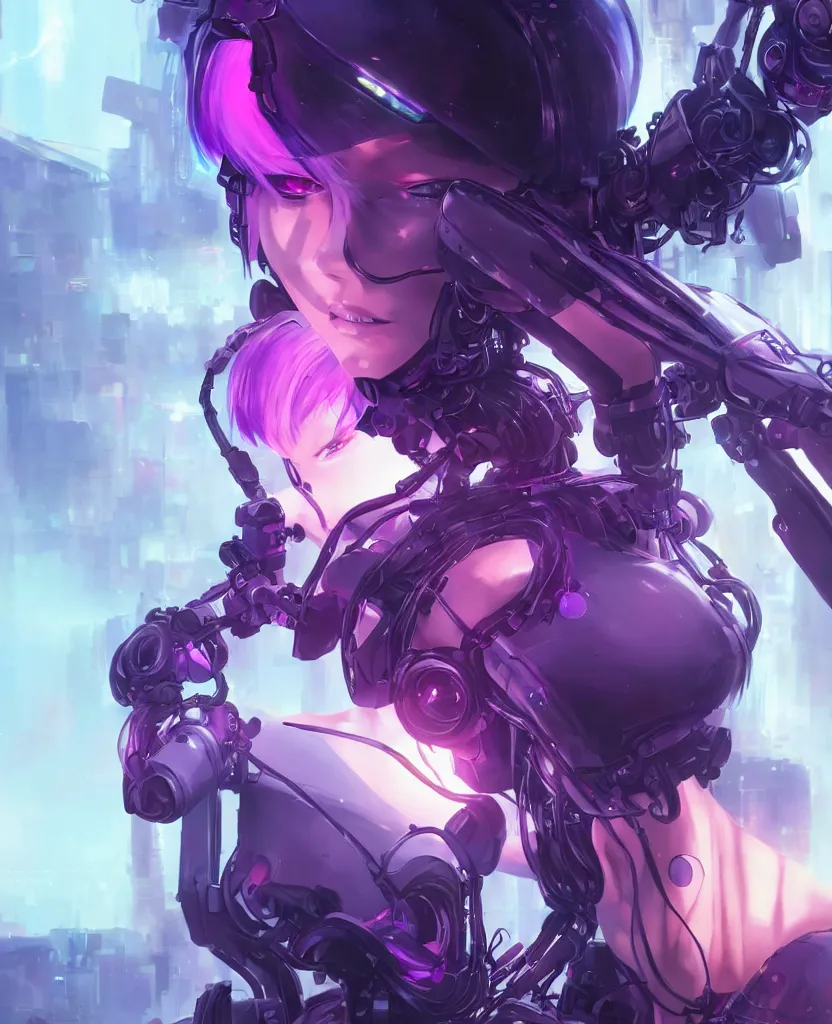 Image similar to A beautiful painting of a cyberpunk anime girl with purple hair and an a huge robot arm sensual stare, Trending on artstation. augmentations and cybernetic enhancements neon circuits, greg rutkowski , hyperrealist, cinema4D, 8k highly detailed ❤️‍🔥 🔥 💀 🤖 🚀