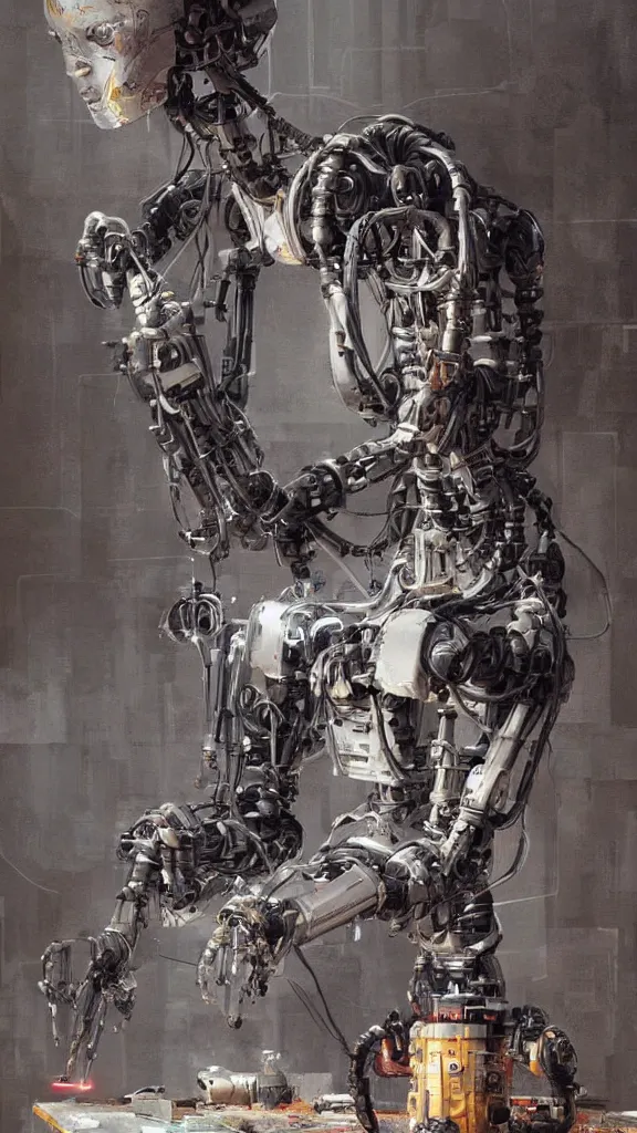 Image similar to robot painting a robot on canvas, intricate, highly detailed, photorealistic, film still, by greg rutkowski.