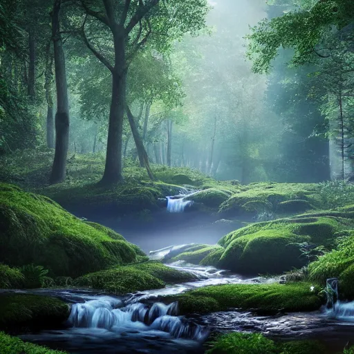 Prompt: A young heavenly and peaceful forest with a stream passing through,a deer is drinking from the stream, beautiful lighting,digital art , highly detailed , high contrast, beautiful lighting, award winning , trending on art station, 8k, photorealistic,unreal engine 5