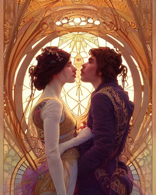 Image similar to the kiss | highly detailed | high coherence | very intricate | art nouveau | gold filigree | romantic storybook fantasy | soft cinematic lighting | award - winning | painted by mandy jurgens and alphonse mucha and alena aenami | pastel color palette | featured on artstation