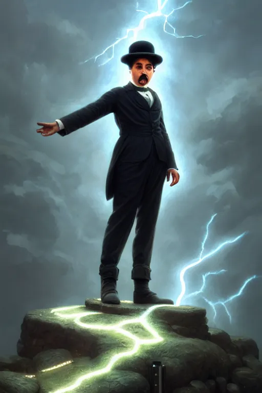 Image similar to highly detailed portrait of charlie chaplin as the god zeus holding thunder, stephen bliss, unreal engine, fantasy art by greg rutkowski, rhads, ferdinand knab, makoto shinkai and lois van baarle, ilya kuvshinov, rossdraws, tom bagshaw, global illumination, radiant light, detailed and intricate environment