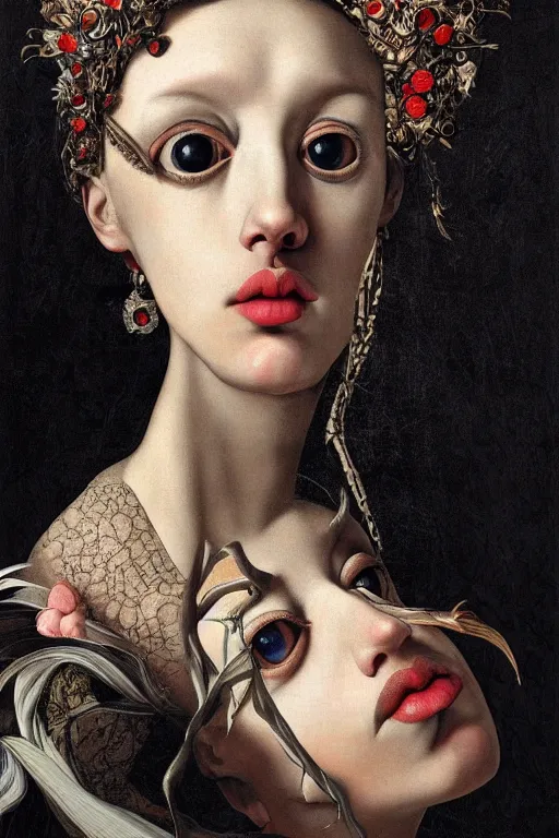Image similar to Detailed maximalist portrait with large lips and with large, wide eyes, sad expression, HD mixed media, 3D collage, highly detailed and intricate, surreal, illustration in the style of Caravaggio, dark art, baroque