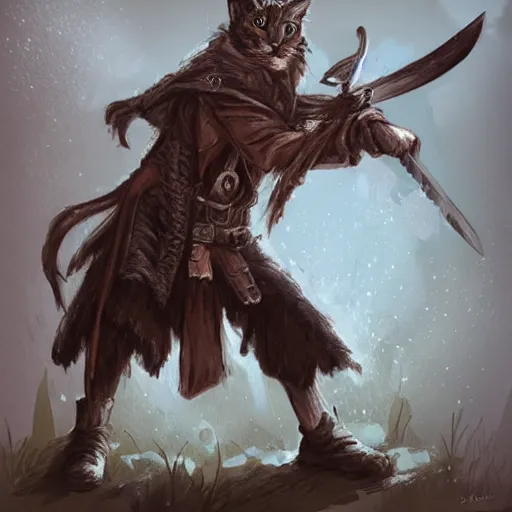 Image similar to humanoid homeless cat wielding a sword and wearing rags, d & d, fantasy, concept art