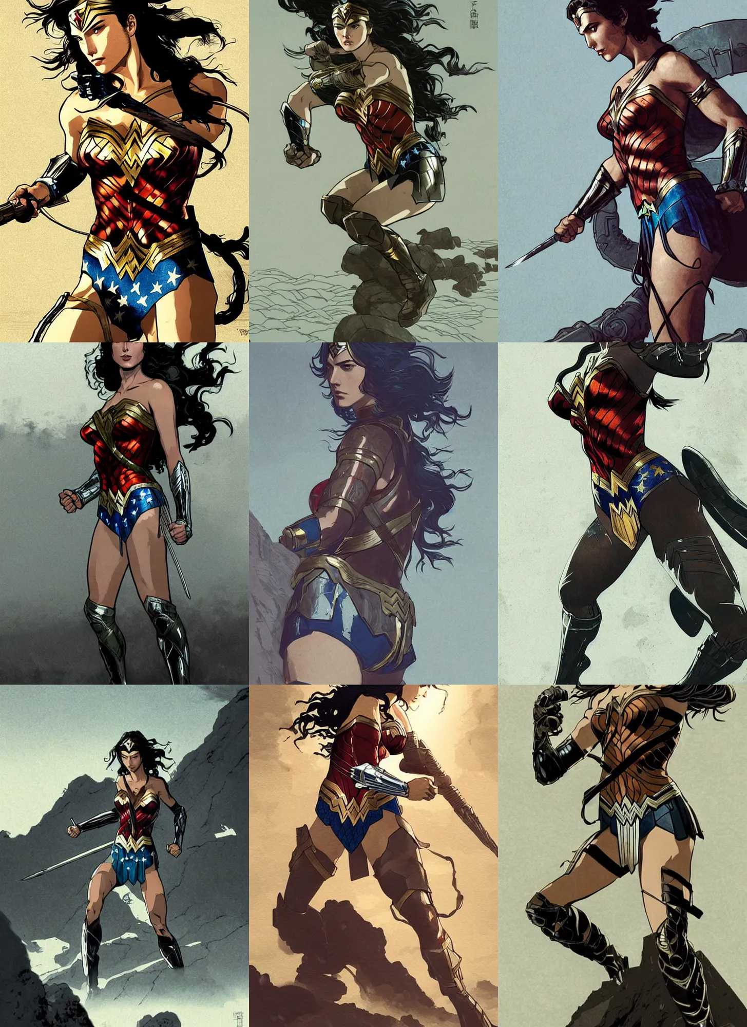 Prompt: Wonder Woman wearing metal gear armor art by Hokusai by greg rutkowski by wlop high detail comic sharp vector lineart dramtic lighting artstation by trevor henderson cinematic dramatic