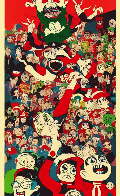 Image similar to horrorcore cel animation poster depicting gory waldo eating the deceased power puff girls, intricate faces, metropolis, 1 9 5 0 s movie poster, post - processing, vector art