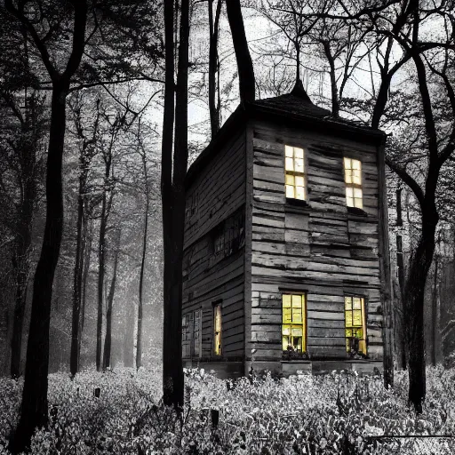 Prompt: creepy building with in a dark forest at midnight