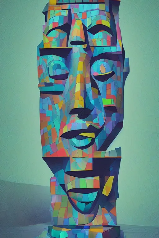 Image similar to cubist moai statue cutout digital illustration cartoon colorful beeple