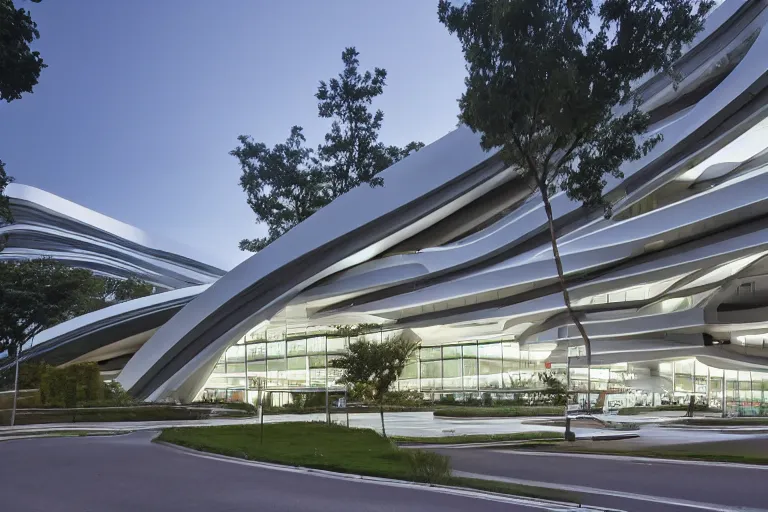 Prompt: a suburban office headquarters designed by zaha hadid