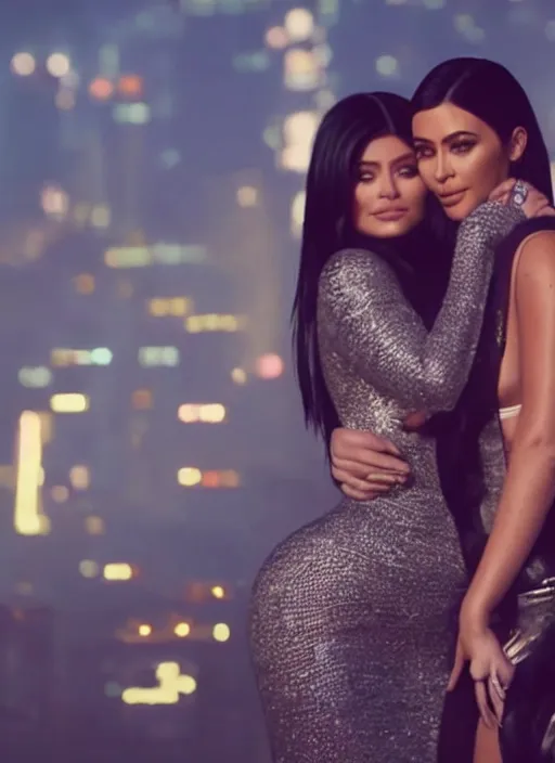 Prompt: film still of kylie Jenner hugging kim kardashian romanticly, scenic cyberpunk city backround, cinematic lighting, cinematic