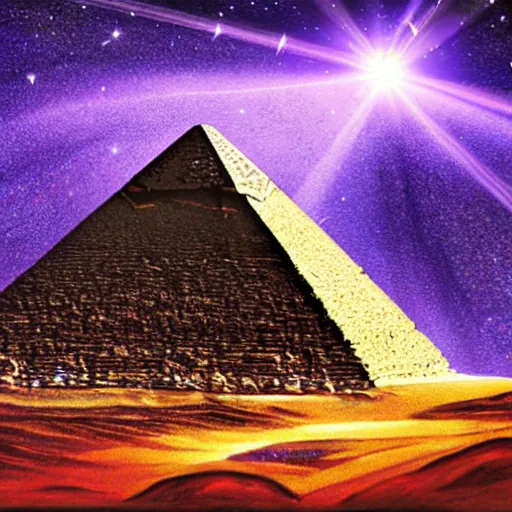 Image similar to painting of the great pyramid, surrounded by purple aura, beam of light emitting from the peak, star-filled night sky, 3d art, detailed