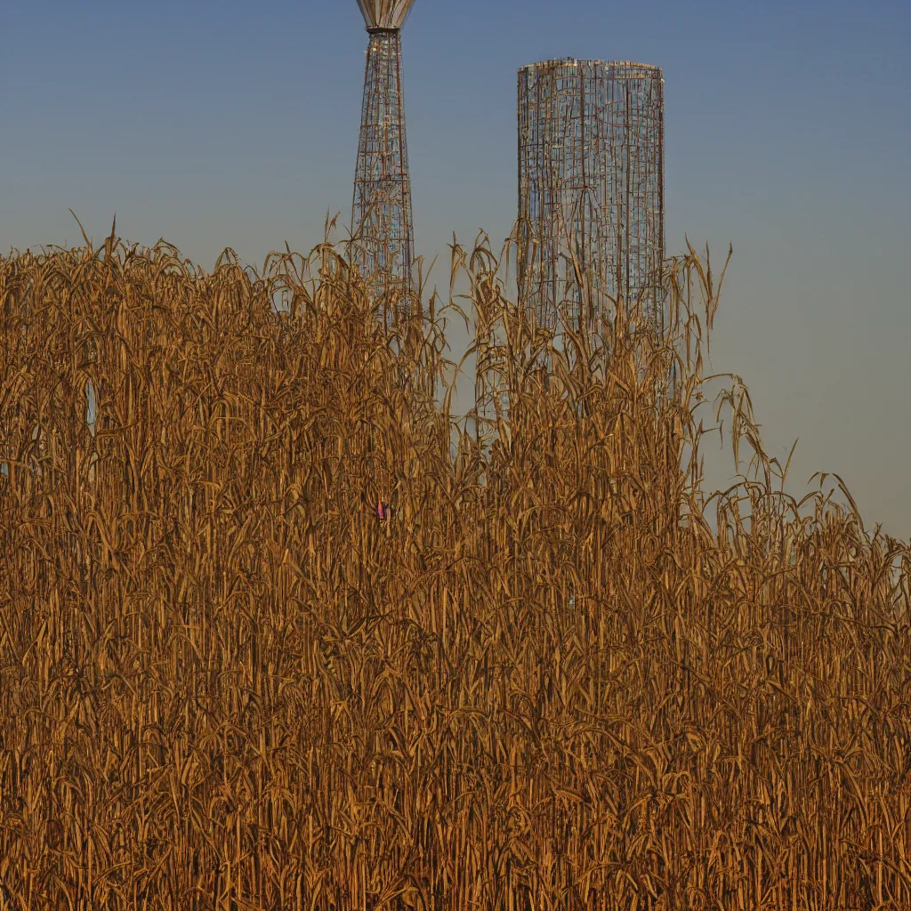 Prompt: my dream of a towering obsidian tower in a grain field, golden hour
