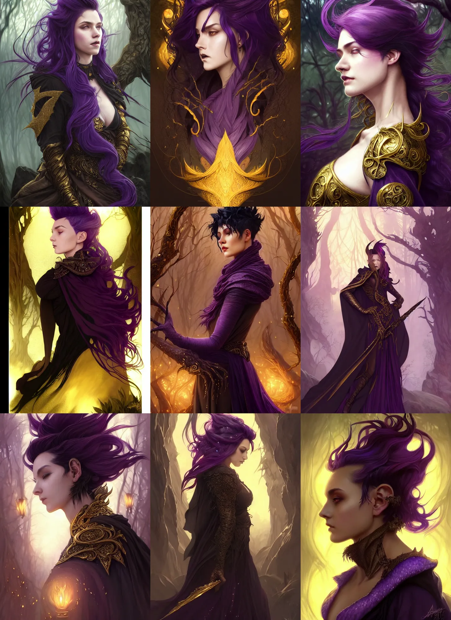 Prompt: golden elements at borders, side portrait dark witch, adventurer outfit large cloak, fantasy forest landscape, dragon scales, fantasy magic, undercut hairstyle, short purple black fade hair, dark light night, intricate, elegant, sharp focus, illustration, highly detailed, digital painting, concept art, matte, art by WLOP and Artgerm and Greg Rutkowski and Alphonse Mucha, masterpiece