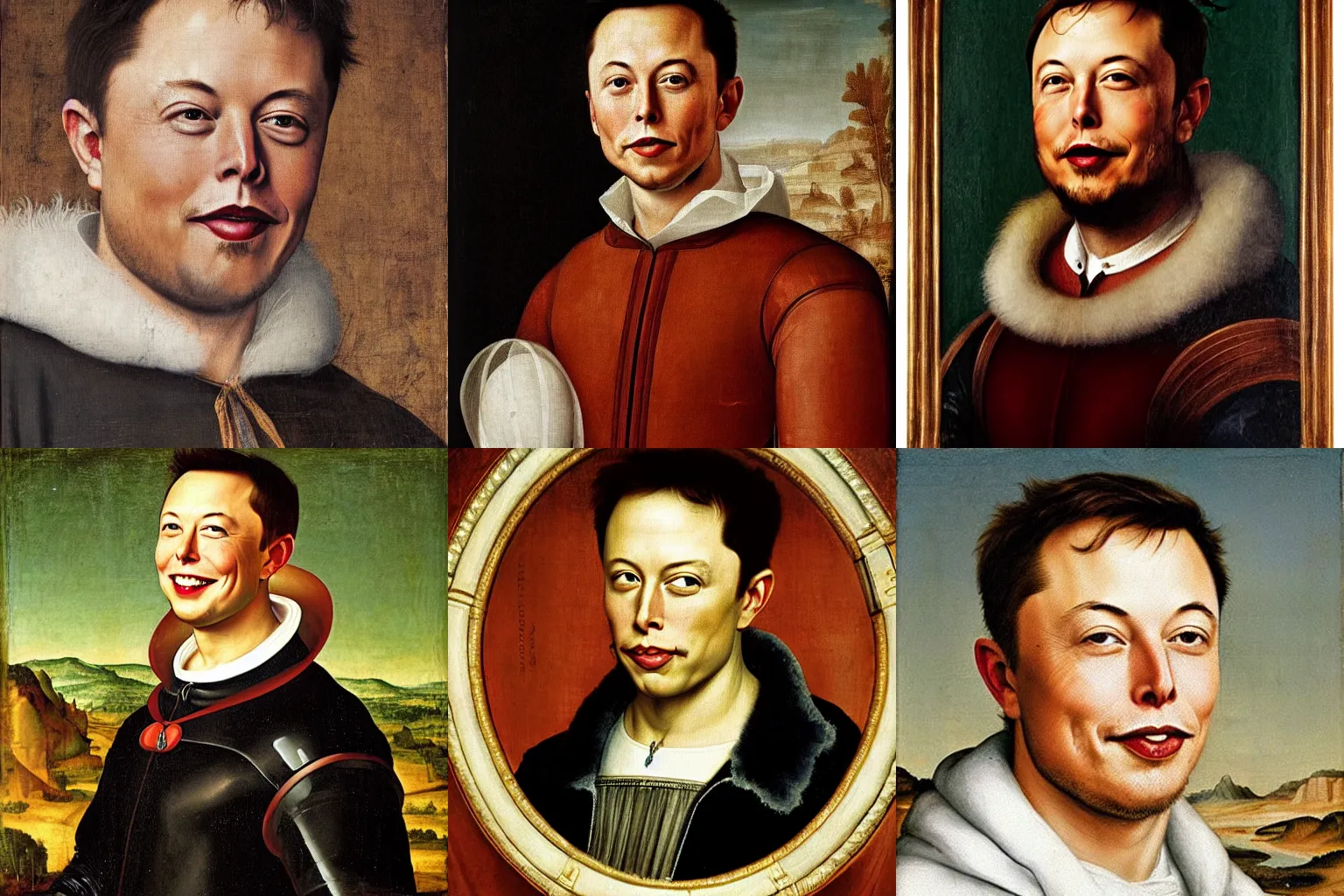 Prompt: A Renaissance portrait painting of Elon Musk smiling