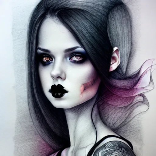 Image similar to hyper realistic pencil and ink drawing of a cute goth girl, muted water color, full portrait, detailed, rim light, diffused, intricate, by anna dittmann