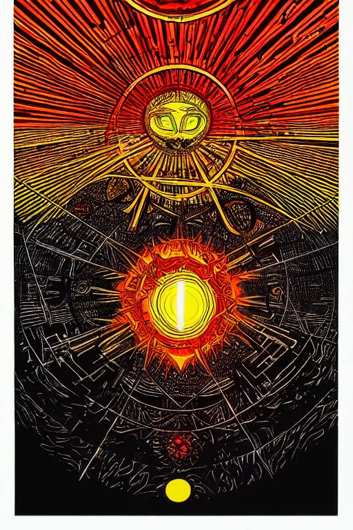 Prompt: a blazing geometric sun above a techno cyclops god, detailed, 4 k, warm colours, by stanley donwood and philippe druillet,