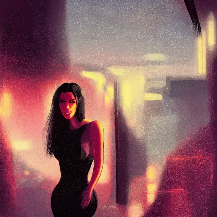 Prompt: kim kardashian, portrait, concept art, digital painting, noir, backlit, bokeh, neon lights, atmospheric, by bruce pennington, by corbusier